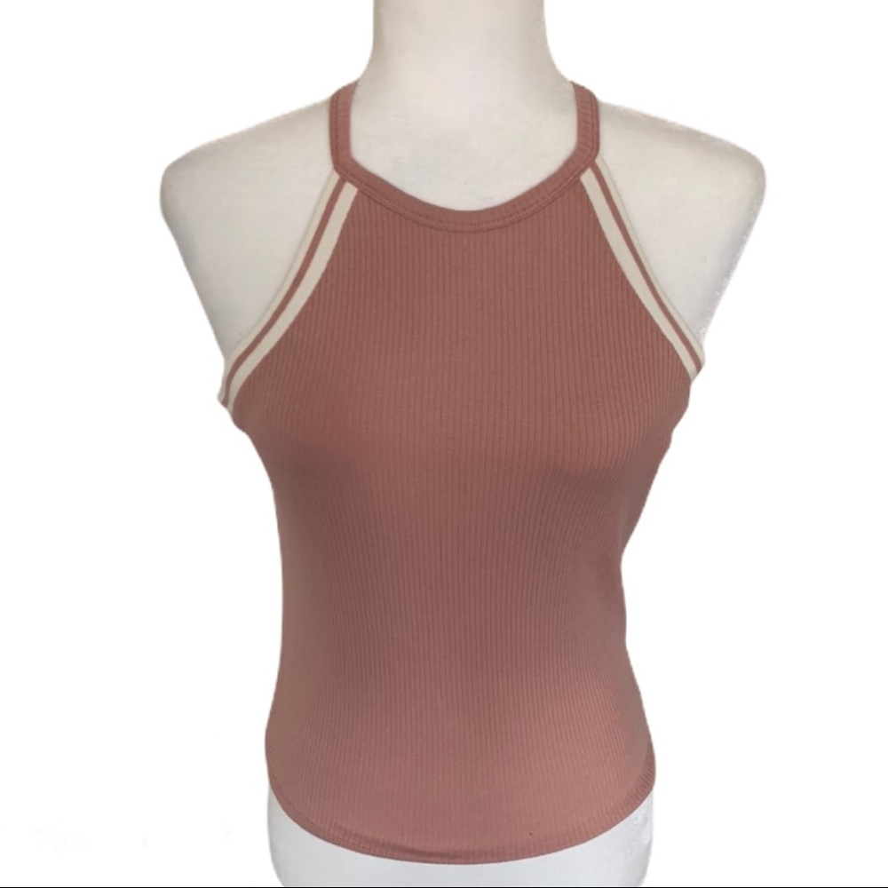 Pink Ribbed Racer Halter Tank Top